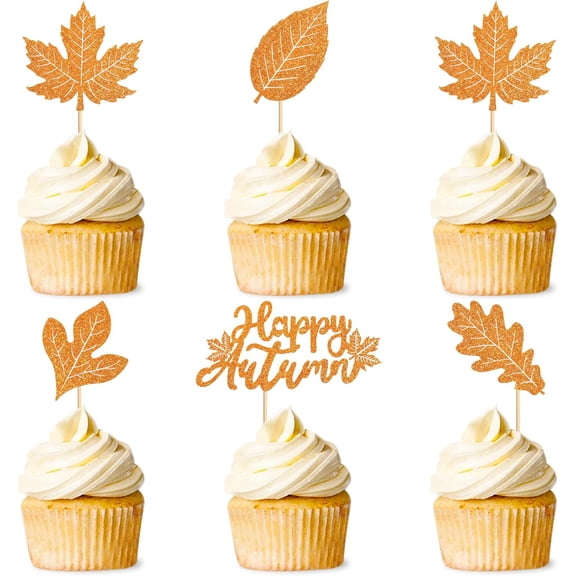 Autumn Leaf Cupcake Toppers, 12PCS Glitter Picks with Maple & Oak Leaves for Fall Party Dessert Decor