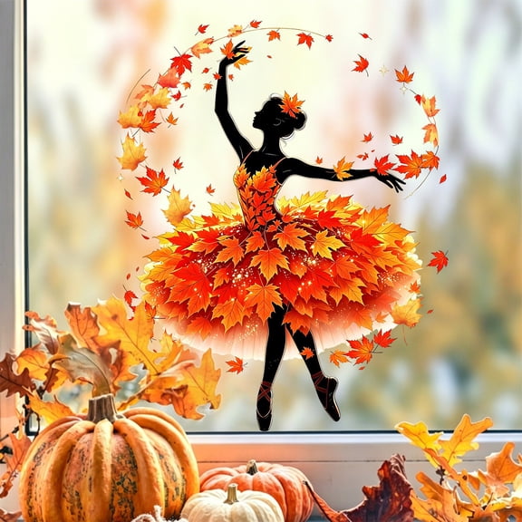 Autumn Leaf Dancer Window Cling Adhesive-Free PVC Static Sticker, Maple Leaf Butterfly Glass Decal, Fall Atmosphere Artistic Window Decoration