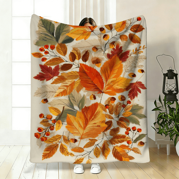 Autumn Leaf Flannel Blanket, Soft Warm All-Season Throw, Fall Foliage Bedspread for Sofa Bed Camping Travel, Perfect Gift