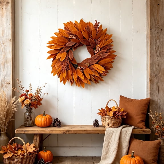 Autumn Leaf Front Door Wreath, Artificial Flower Garland for Porch Home Fall Decoration, Harvest Festival Celebration, Hanging Accent