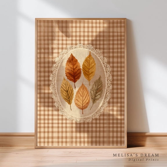 Autumn Leaf Gingham Print Rustic Fall Botanical Wall Art Unframed Paper Print