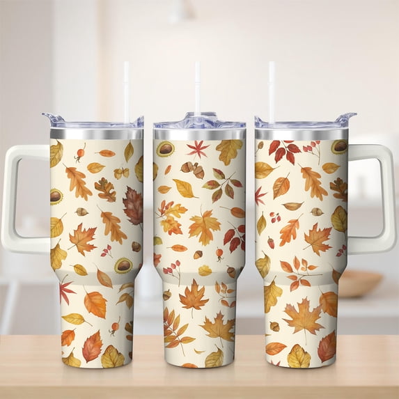 Autumn Leaf Pattern Stainless Steel Insulated Mug with Lid and Handle ...
