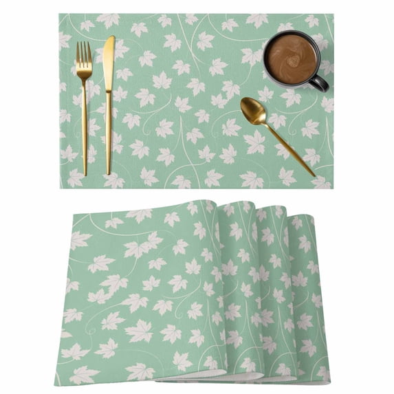 Autumn Leaf Placemats Set of 4, Green Maple Fallen Leaves Solid Color Placemats for Dining Table, Place Mats for Kitchen Tabletop, Waterproof Wipeable Dining Table Mats Set