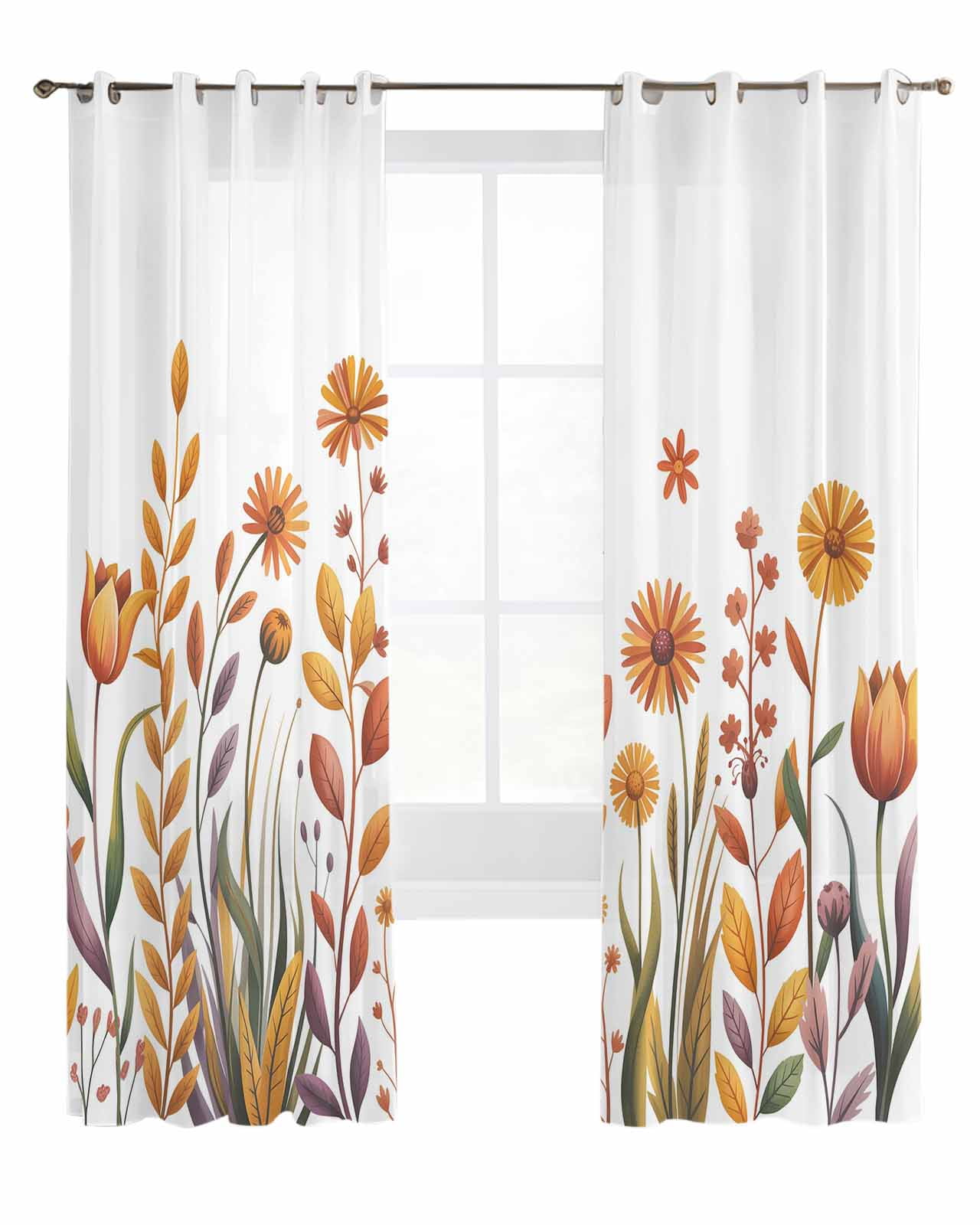 Autumn Leaf Sheer Curtains 96 Inch Length 2 Panels Fall Yellow Flower