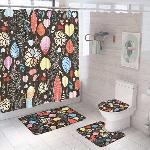 Autumn Leaf Shower Curtain Set Maple Leaves Fall Plants Nature Scenery Bathroom Curtains Non-Slip Bath Mat Toilet Cover Rug Home