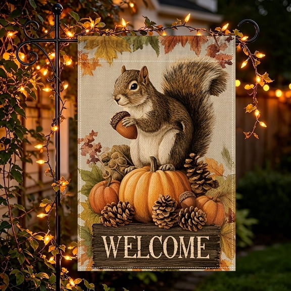 Autumn Leaf Squirrel Vintage Welcome Garden Flag, Cottage Yard Rustic Fall Home Decor, Thanksgiving Christmas Gift