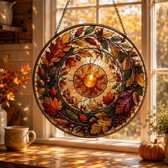 Autumn Leaf Stained Glass Suncatcher Window Hanging for Seasonal Home Decor