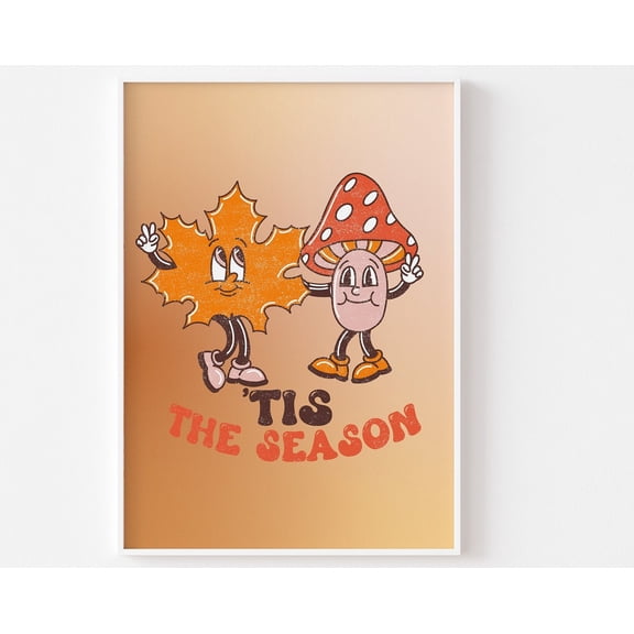 Autumn Leaf And Toadstool Character Print - Funky Retro Autumn Mushroom, October Home Decor, Autumn Gradient, Bohemian Autumn Fall Leaves Wall Art, Modern Wall Decor, 16x24 UNFRAMED
