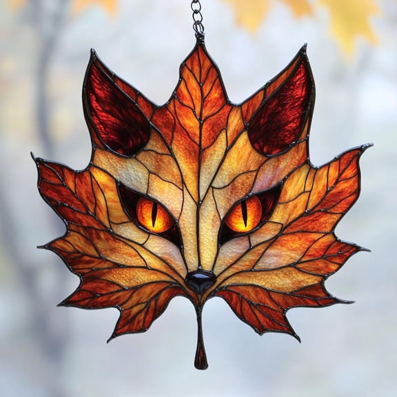 Autumn Leaf Wild Fox Acrylic Window Hanging Faux Stained Glass Suncatcher, Maple Leaf Fox Decor Fall Gift For Animal Lover,Autumn Decor Gift