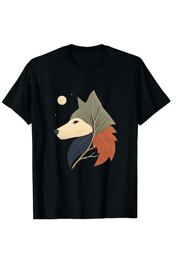 Autumn Leaf Wolf Unisex Graphic T-Shirt, Minimalist Woodland Animal Art, Cotton Short Sleeve