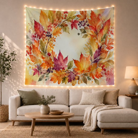 Autumn Leaf Wreath on a Cream Background, Cozy Watercolor Style for Nature Lovers, Botanical Wall Art, Thanksgiving Hostess Gift, Tapestry Wall Hanging for Bedroom and Living Room