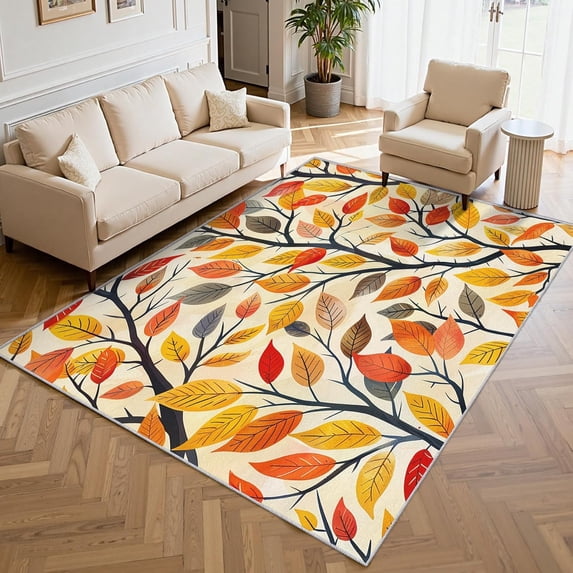 Autumn Leaves Area Rug, Red Yellow Botanical Pattern Carpet, Washable ...