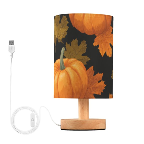 Autumn Leaves Background Thanksgiving Pumpkin Table Lamp with USB Port LED Warm Light Lamp Night Light Home Decor