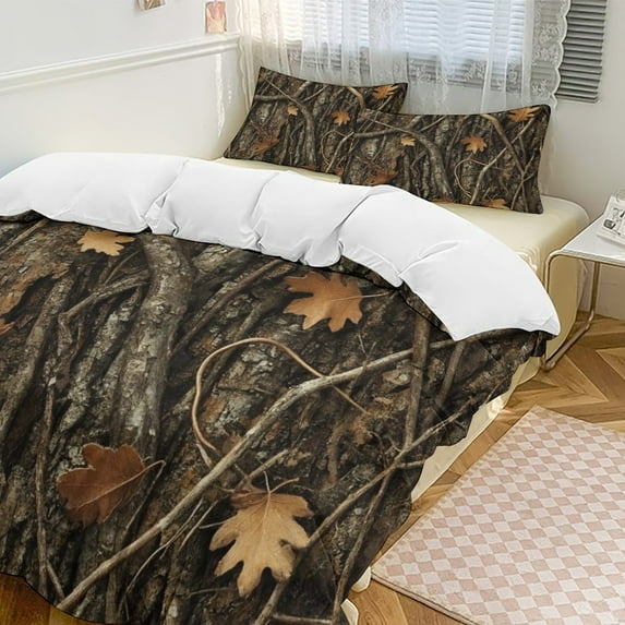 Autumn Leaves Bark Texture Duvet Cover Set Themed Multicolor Polyester Bedding Set for Bedroom Decoration