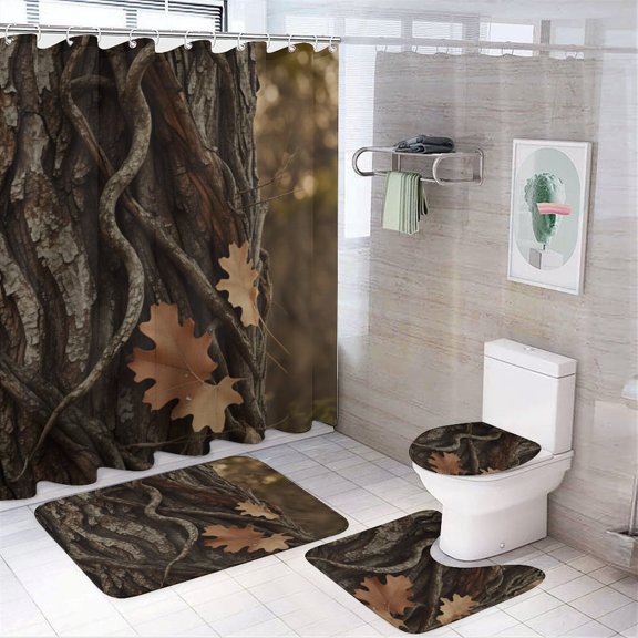 Autumn Leaves Bark Texture Shower Curtain And Rugs Mat Set For Bathroom Bath Curtains Decoration Accessories Bathtub Screen 4 Pcs