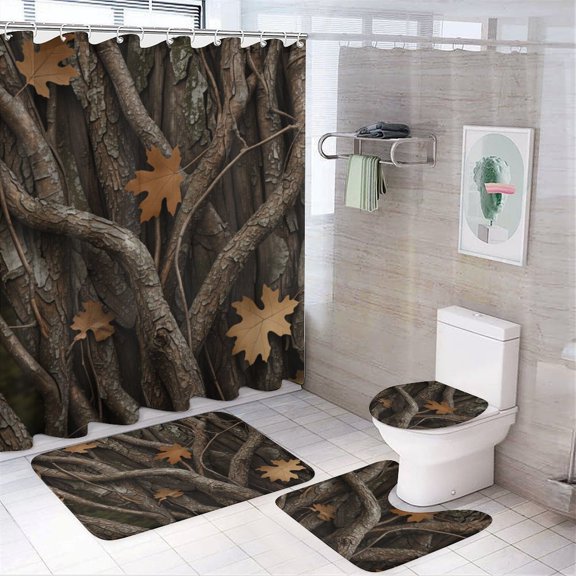 Autumn Leaves Bark Texture Shower Curtain And Rugs Mat Set For Bathroom Bath Curtains Decoration Accessories Bathtub Screen 4 Pcs