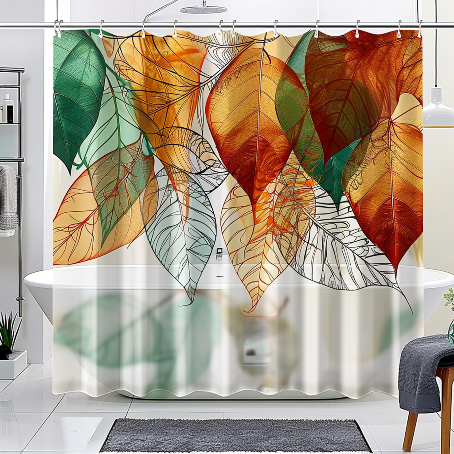 Autumn Leaves Bathroom Decor Set Colorful Transparent Glass White Background High Detail Shower