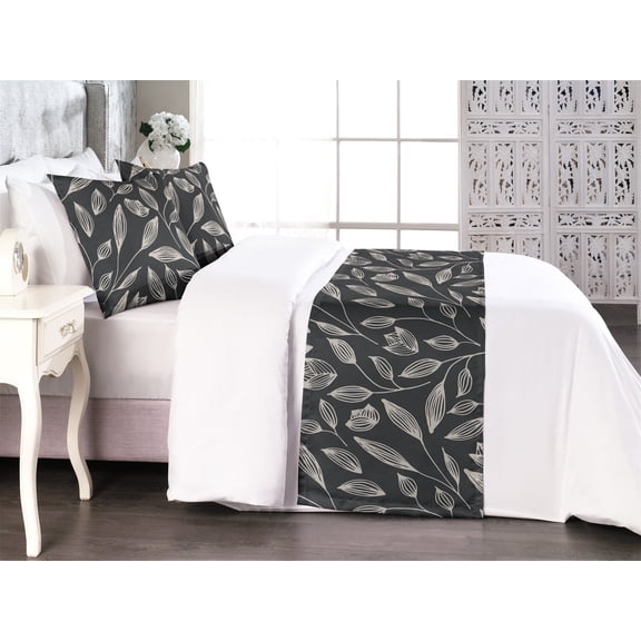 Autumn Leaves Bed Runner Set, Modern Minimalist Simple Boho Leafy Pattern with Lines Monochrome, Decorative Bedding Scarf & 2 Pillow Shams for Hotels Homes, Queen, Dark Sepia Pale Camel, by Ambesonne