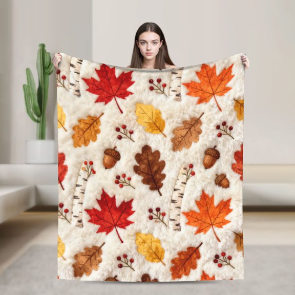 Autumn Leaves & Berries Pattern Soft Throw Blanket Flannel Blanket for Couch, Bed, Sofa Luxurious Throw Blankets Warm and Cozy for All Seasons
