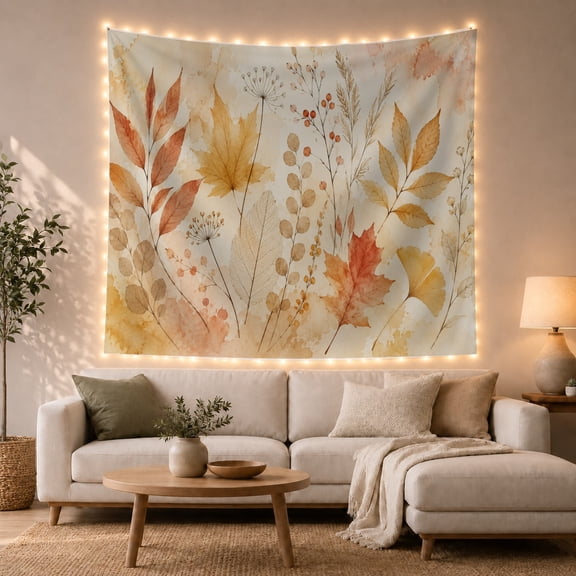 Autumn Leaves and Berries on a Watercolor Background, Cozy Illustration for Nature Lovers, Botanical Wall Art Decor, Thanksgiving Gift, Tapestry Wall Hanging for Bedroom and Living Room