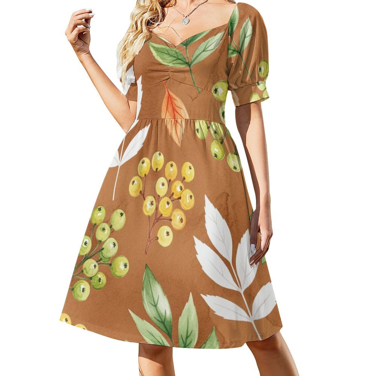 Autumn Leaves Berries Watercolor Pattern Short Sleeve Dress Clothes ...