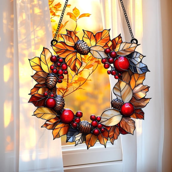 Autumn Leaves Berry Pinecone Acrylic Suncatcher Wreath,Faux Stained Glass Window Hanging With Fall Maple Oak Leaves, Red Berries Rustic Gift