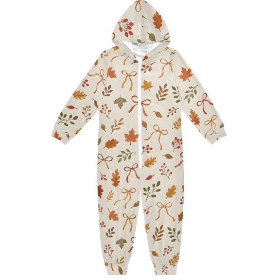 Autumn Leaves Bow Boys & Girls Hooded One-Piece Pajamas Warm Crystal velvet Hooded Long Sleeve Loungewear Jumpsuit Unisex