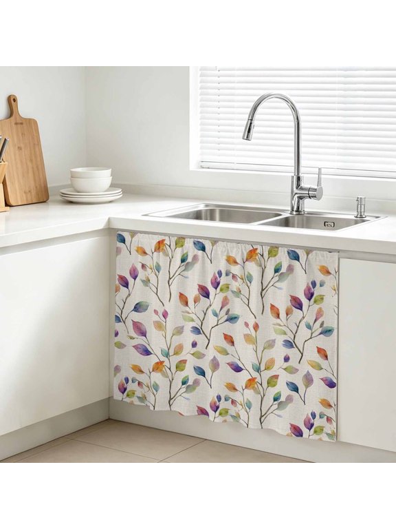 Autumn Leaves Cabinet Curtain, Rainbow Floral Branches Leaf Linen Texture Sink Skirt for Bathroom, Under Sink shelf Curtain Privacy Drape for Kitchen Laundry Room 28x35in