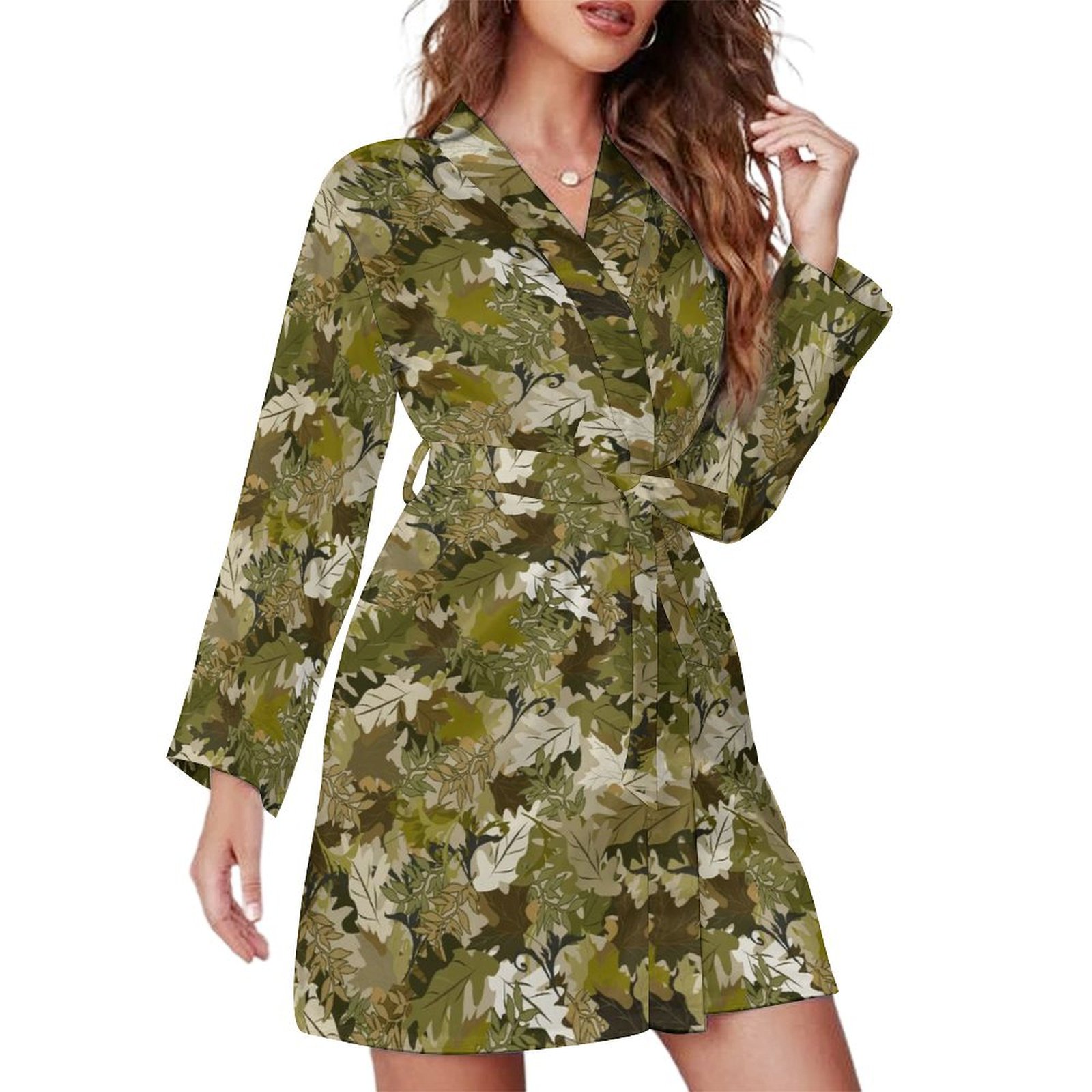 Autumn Leaves Camouflage Night Robe Long Sleeve V Neck Robe With Belt ...