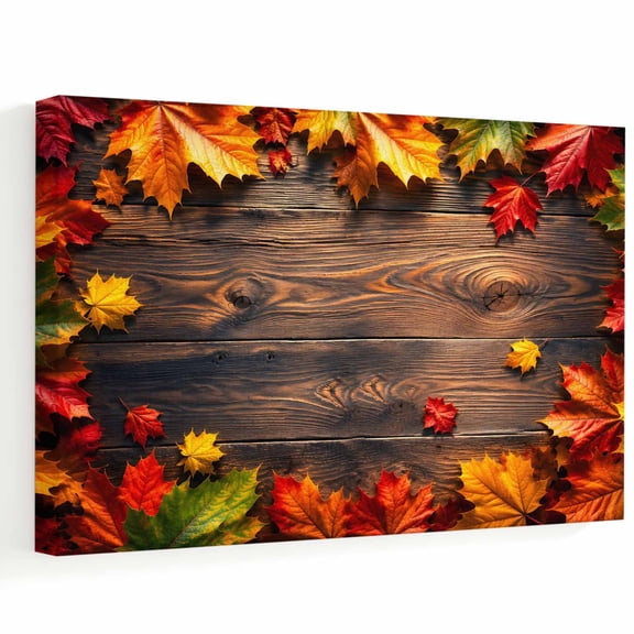 Autumn Leaves Canvas Wall Art, Rustic Orange Green Maple Leaf Brown Wood Grain Wall Art Prints Artwork Framed Canvas Ready to Hang Art Pictures for Bathroom, Dressing Table, Entryway 12" x 8"