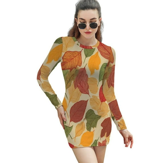 Autumn Leaves Colorful Pattern Design Women's Long Sleeve Bodycon Dress Soft Stretchy For Everyday Wear And Special Occasions