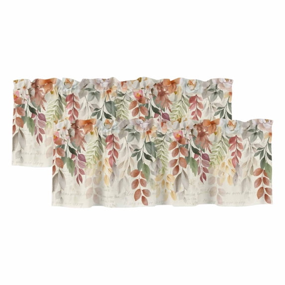 Autumn Leaves Curtain Valances for Windows, Kitchen Valance Window Treatments Panel 2 Pack, Thanksgiving Vintage Flowers Eucalyptus Rod Pocket Short Curtains for Bathroom Bedroom 42 x 12 Inch