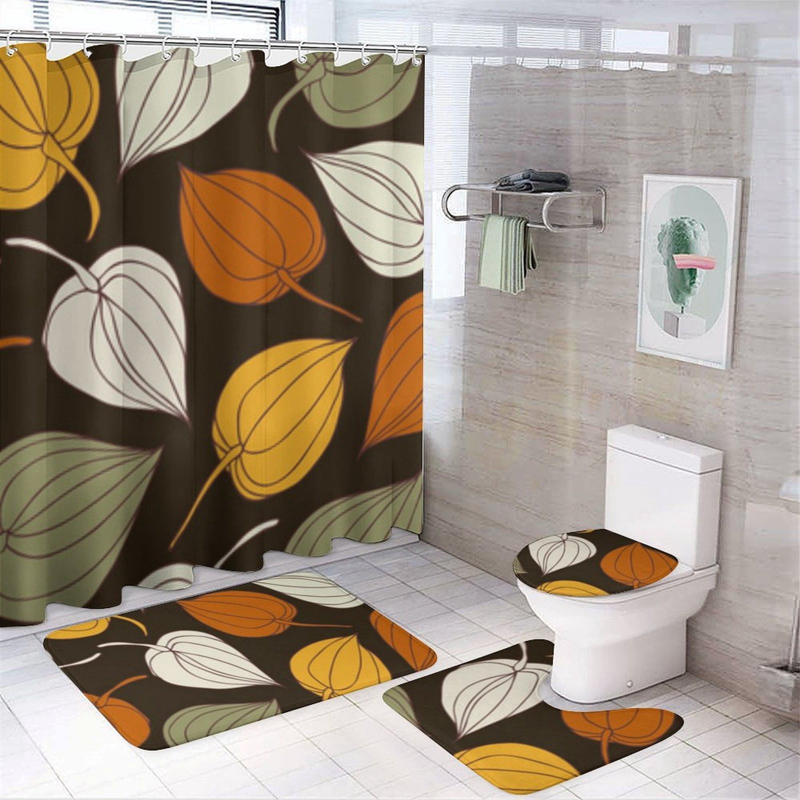Autumn Leaves Dark Background Pattern Shower Curtain Set Modern ...