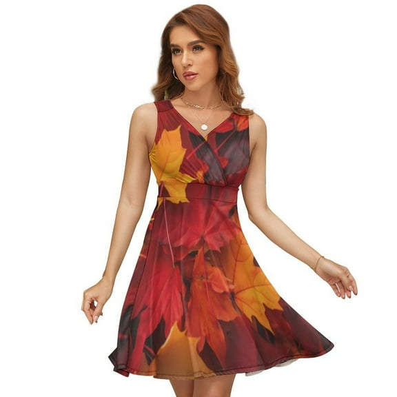 Autumn Leaves Dress Summer Street Style Dresses Female Sleeveless Printed Sundress