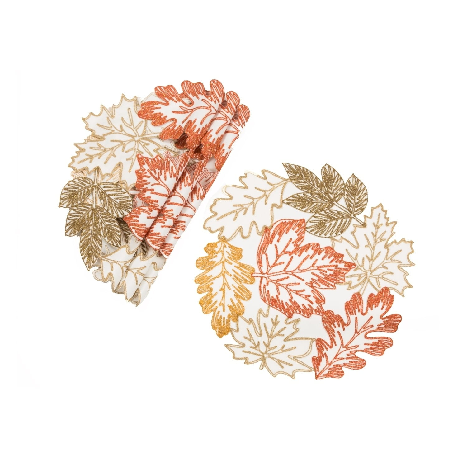 Autumn Leaves Embroidered Brown Polyester Square Placemats, Set of 4