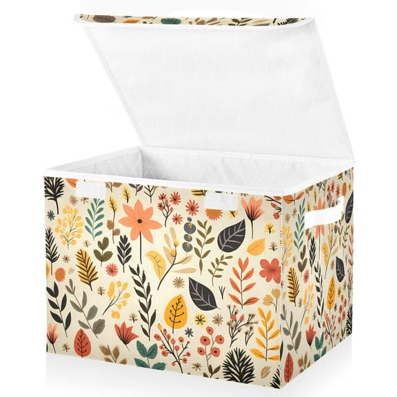 Autumn Leaves Fall Thanksgiving Large Lidded Bin Foldable Storage Baskets Boxes Cubes Lids with 2 Handles for Home Bedroom Office 16.5x12.6x11.8inch