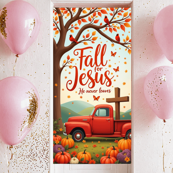 Autumn Leaves Fall for Jesus Inspirational Christian Pumpkin Banner for Church Event Outdoor Decoration Gathering