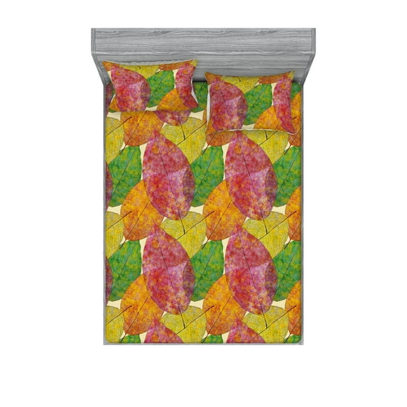 Autumn Leaves Fitted Sheet & Pillow Sham Set, Colorful Design Overlapping Leaf Print Fall Themed Artwork, Decorative Printed 3 Piece Bedding Decor, Calking, Apple Green and Fern Green, by Ambesonne