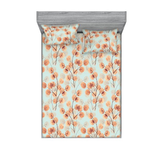 Autumn Leaves Fitted Sheet & Pillow Sham Set, Simple Boho Fall Themed Leafy Branch Pattern Romantic Aura Print, Decorative Printed 3 Piece Bedding Decor, Queen, Mint Green Burnt Sienna, by Ambesonne