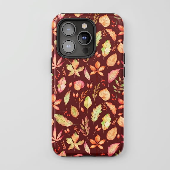Autumn Leaves For All iPhone Series Tough Phone Case Watercolor Fall Theme Burgundy