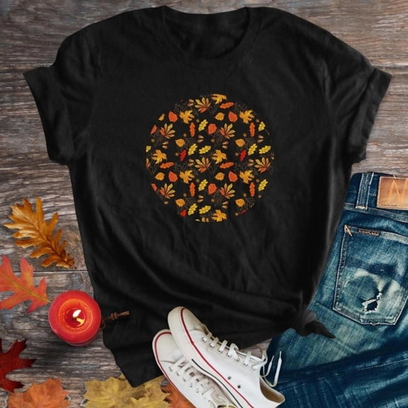 Autumn Leaves Graphic Tee Fall T Shirt Tops Commuting Cotton Short Sleeve Round Neck Black S-5XL