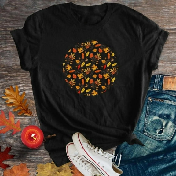 Autumn Leaves Graphic Tee Fall T Shirt Tops Comfortable Cotton Short Sleeve Round Neck Black S-5XL