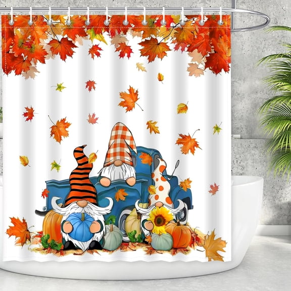 all Thanksgiving Shower Curtain, Autumn Gnome Pumpkins Water-Repellent Bath Curtains Shower Curtain Autumn Maple Leaves Bathroom Curtains Set with Hooks, 72 X 72 Inches