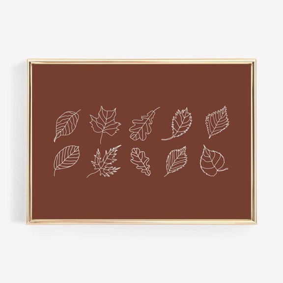 Autumn Leaves Line Art Brown Fall Decor, Unframed Paper Poster 8x10in