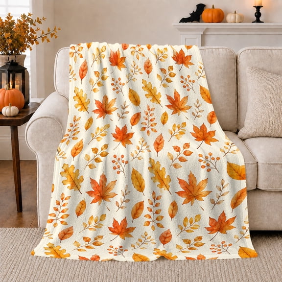 Autumn Leaves Maple Leaf Pattern, Cozy Woodland Scene, Warm Flannel Blanket for Cabin and Lodge with Detailed Artwork, Art Lovers Thanksgiving Gift, Artistic Home Decor