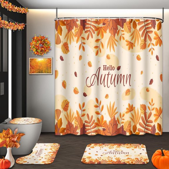 Autumn Leaves Mushroom Shower Curtain Set with Toilet Lid Cover and Non-Slip Rugs, Fall Thanksgiving Pumpkin 4 Pcs Shower Curtains for Bathroom, Vintage Bathroom Decor Accessories