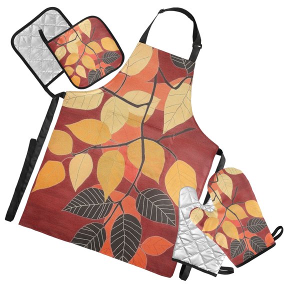 Autumn Leaves Orange Oven Mitts and Pot Holders with Chef Apron Set 5 Pcs Kitchen Cooking Set