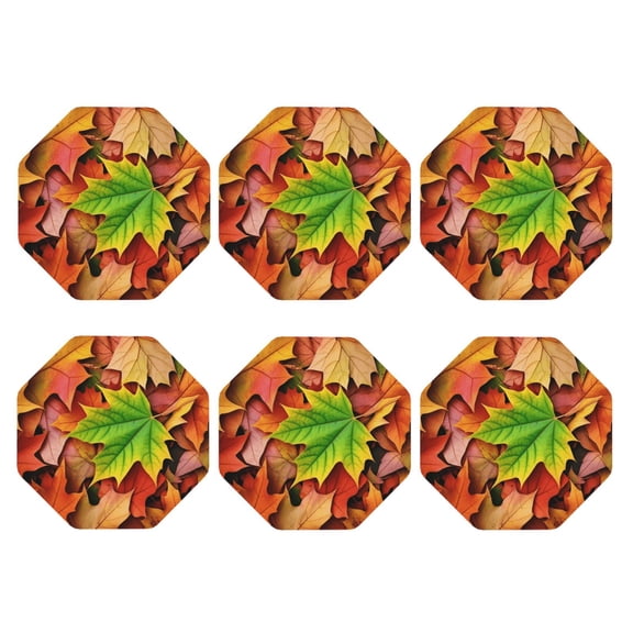 Autumn Leaves Pattern Leather Coasters for Drinks Perfect for Living Room, Kitchen, or Outdoor Use Set of 6 Octagon