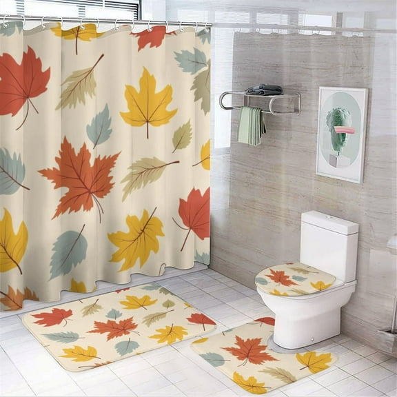 Autumn Leaves Pattern Shower Curtain Bathroom Sets Toilet Lid Rug, Bath Mat And Contour Mat, Shower Curtain 4Pcs