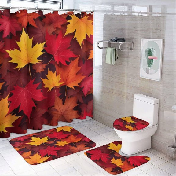 Autumn Leaves Pattern Shower Curtain Set Modern Bathroom Decor Mats 4pcs Fabric Bathroom Curtain Slip Floor Rug Toilet Lid